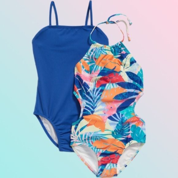 Old Navy | Girls Printed Halter Cut Out Ribbed Style One-Piece Swimsuit 2-Pack - Picture 1 of 15